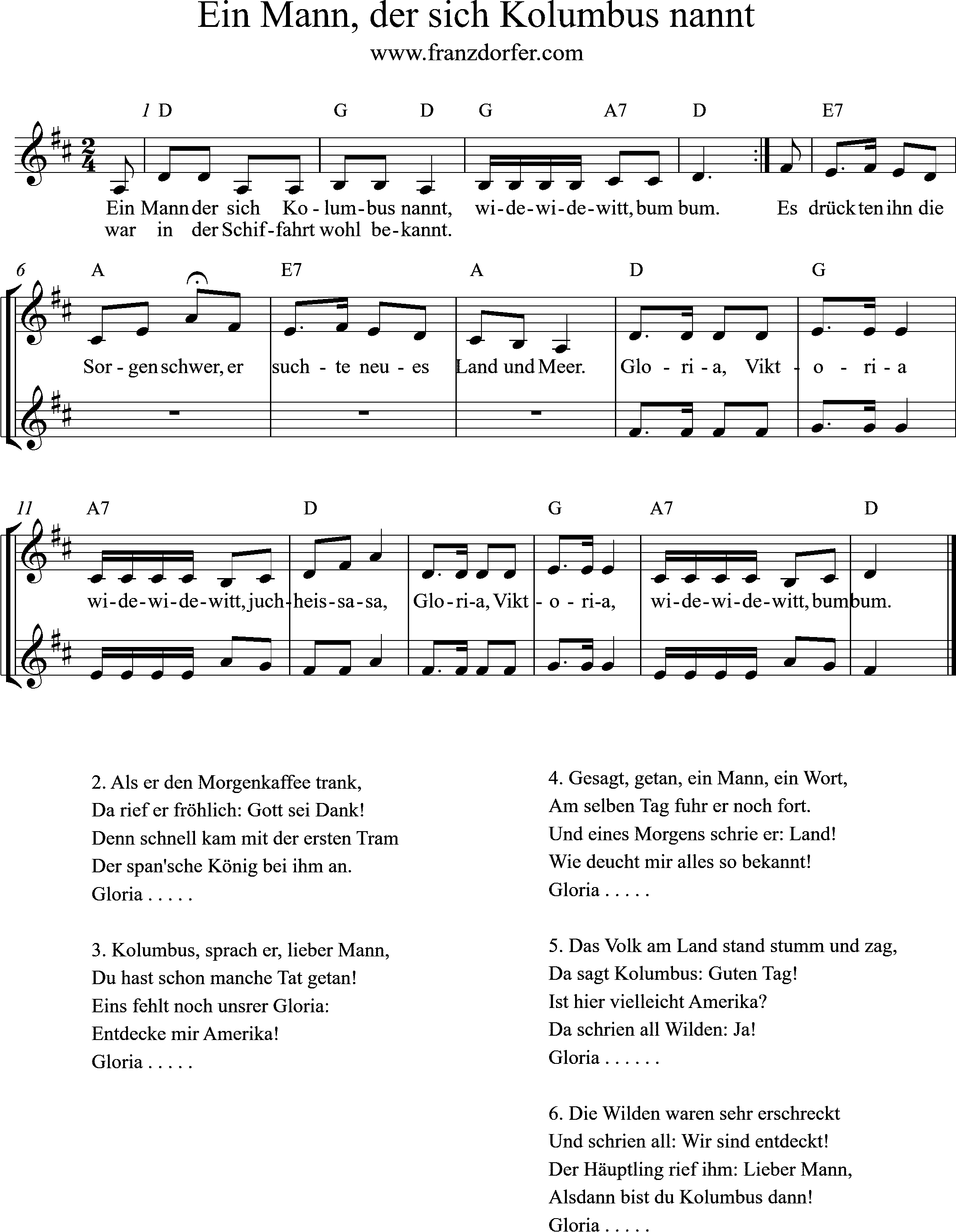 Noten für Klarinette, Ein MAnn der sich kolumbus, D-Dur